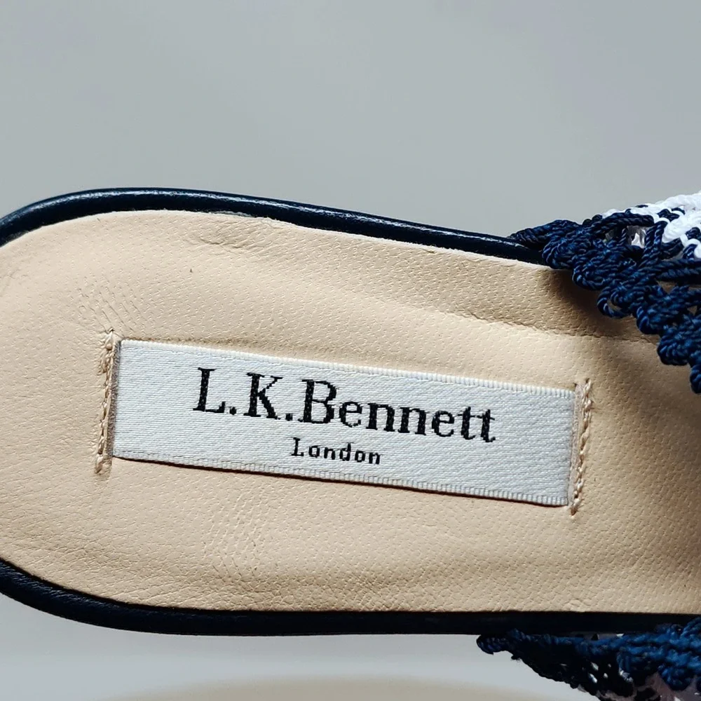 LK‎ Bennett Cork Wedge Sandals 38 7 Womens Navy Blue White Striped Crochet Spain